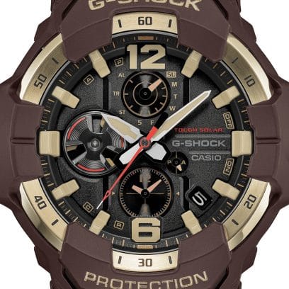 Les index du cadran analogique noir de la montre-bracelet GR-B300H-5AER sont dorés.