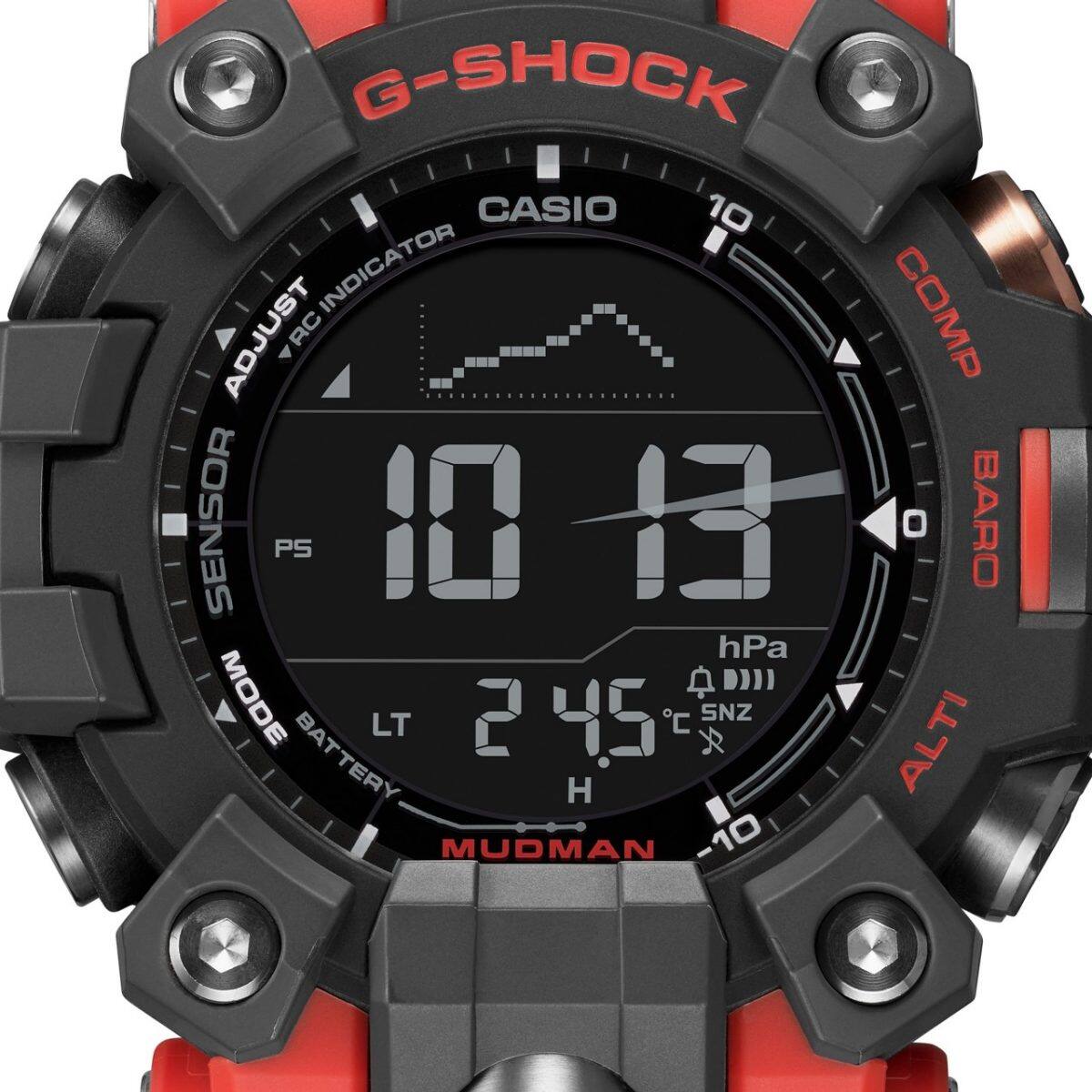 Gros plan sur l'affichage du baromètre et du thermomètre sur le cadran de la G-SHOCK GW-9500-1A4