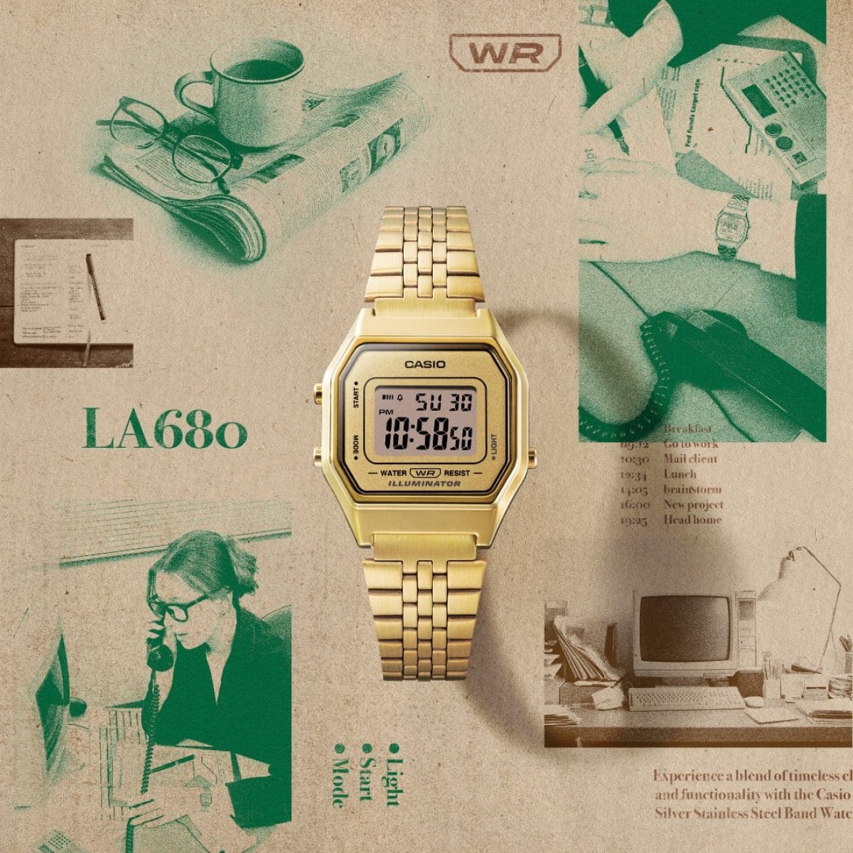 La montre numérique LA680WEGA-9 vue de face sur un fond d'affiche d'aspect ancien montrant la LA680, ainsi que des photographies de personnes à leur bureau portant une LA680 au poignet.