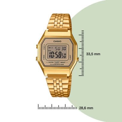 Boîtier et bracelet de la montre-bracelet CASIO VINTAGE COLLECTION LA680WEGA-9 vus de face, avec une échelle millimétrique et l'indication 33,5 mm à droite du boîtier et une échelle millimétrique et l'indication 28,5 mm en dessous de la montre pour la largeur du boîtier.
