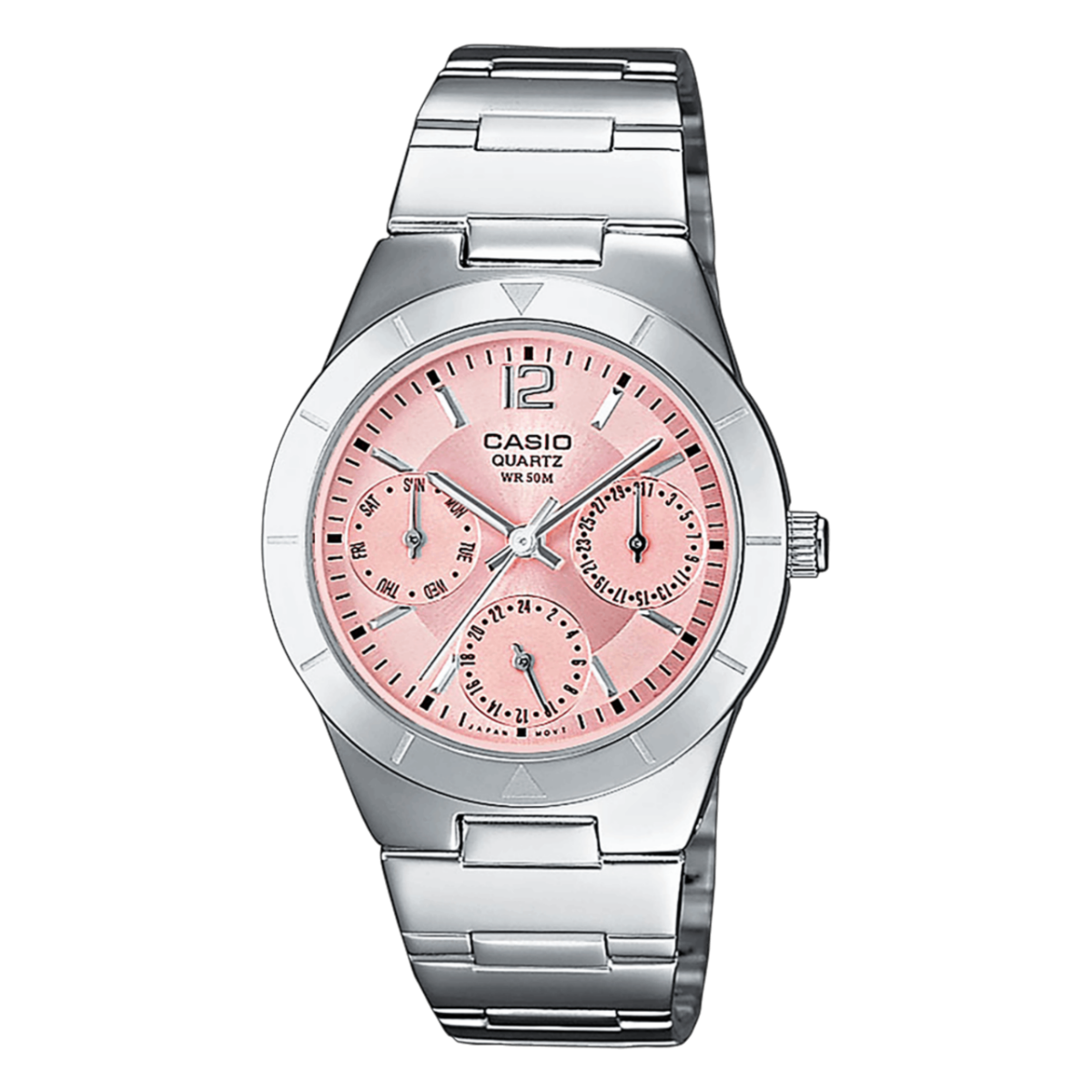 Vue de face de la montre argentée LTP-2069D-4AV avec cadran analogique rose