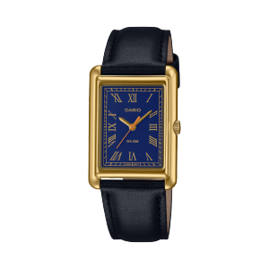 La montre-bracelet CASIO Collection "LTP-B165GL-2BV" est dotée d'un bracelet en cuir noir qui relie le boîtier carré doré. Le cadran est bleu minuit.