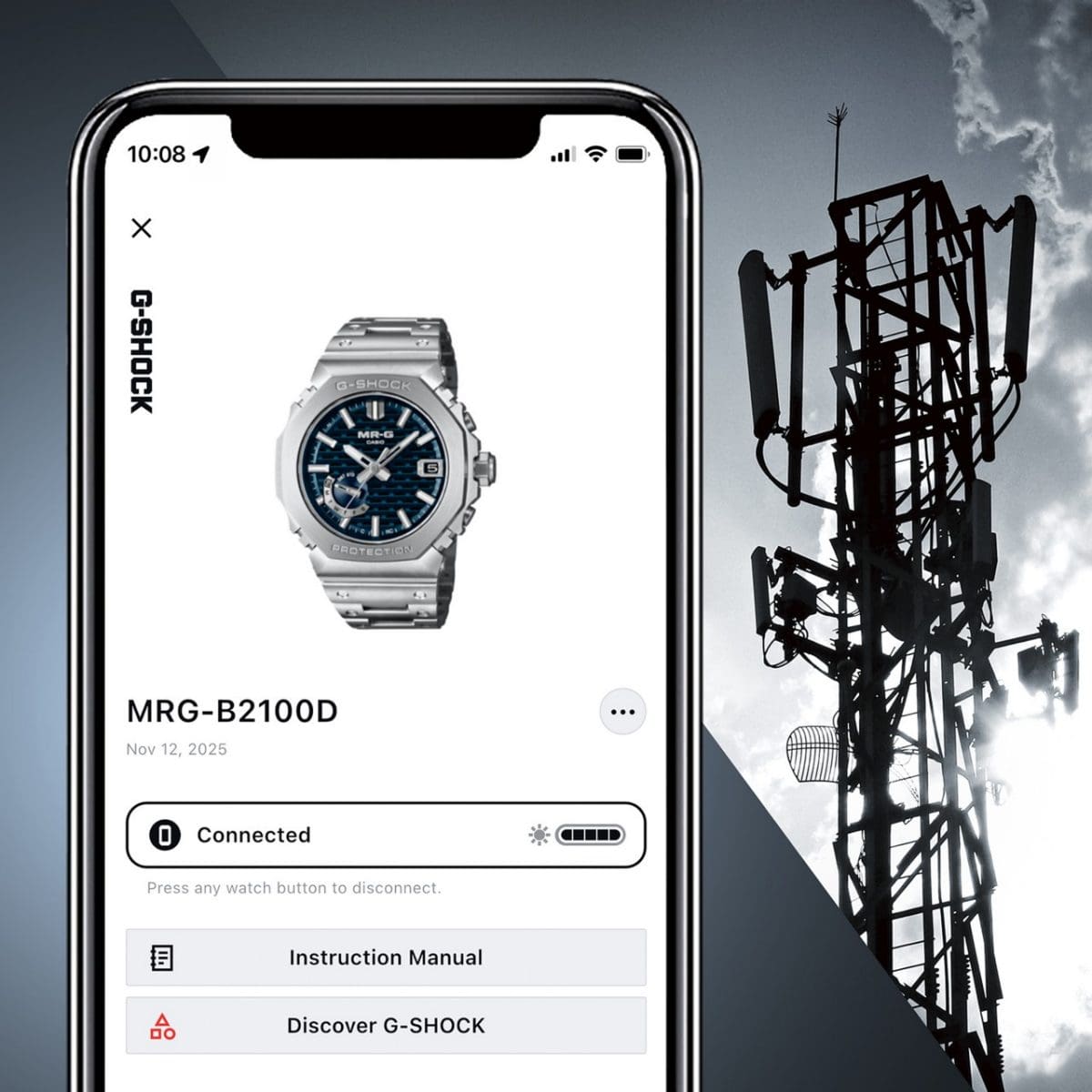 Le MRG-B2100D-2ADR est affiché sur l'écran d'un smartphone. Une tour radio est visible à côté.