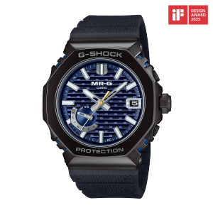 Montre G-SHOCK « MRG-B2100R-2ADR » avec bracelet Dura-Soft noir, lunette métallique et fond à motifs bleus de l'affichage analogique