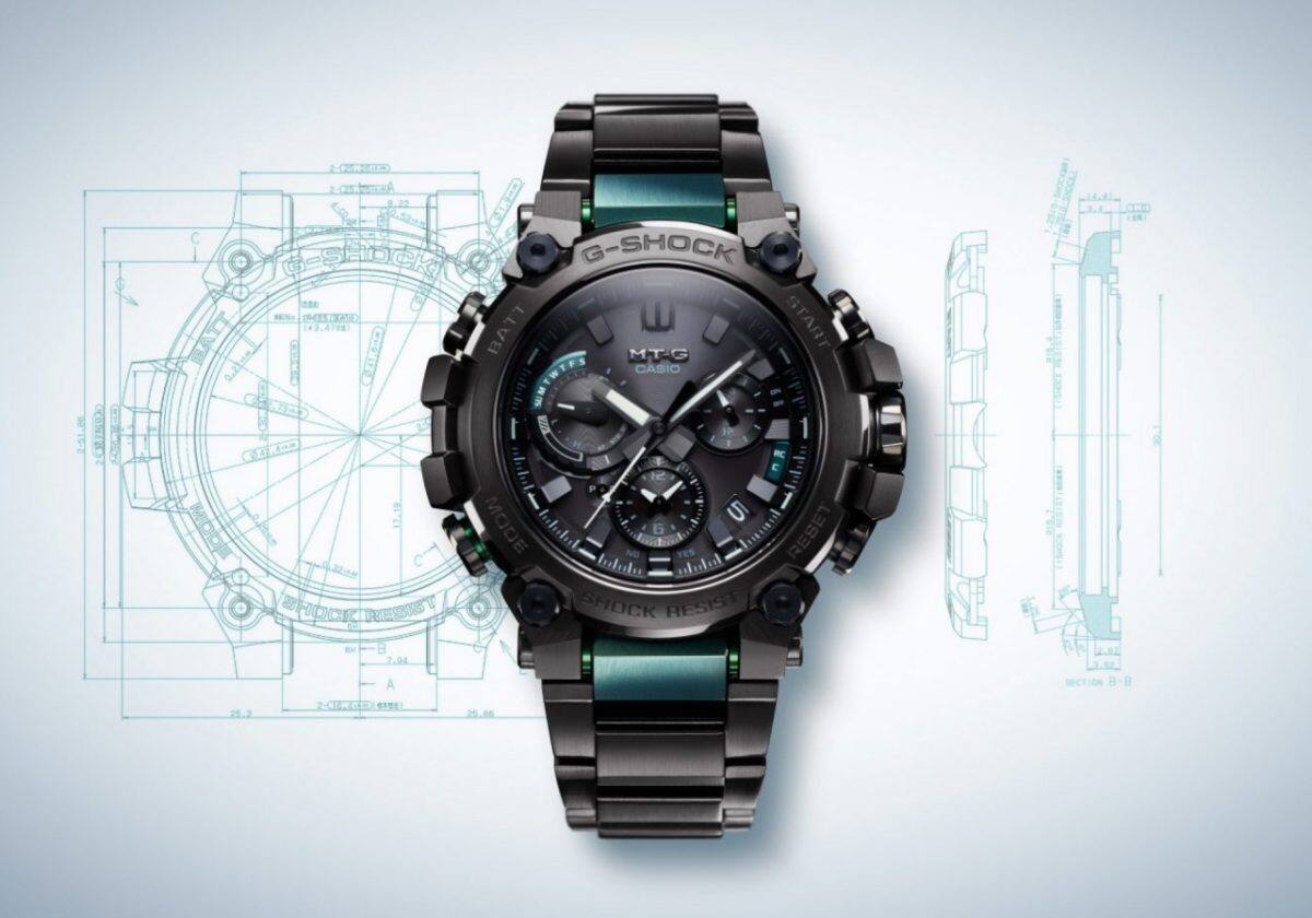 Montre analogique G-SHOCK MTG-B300BD devant les croquis techniques de la montre-bracelet