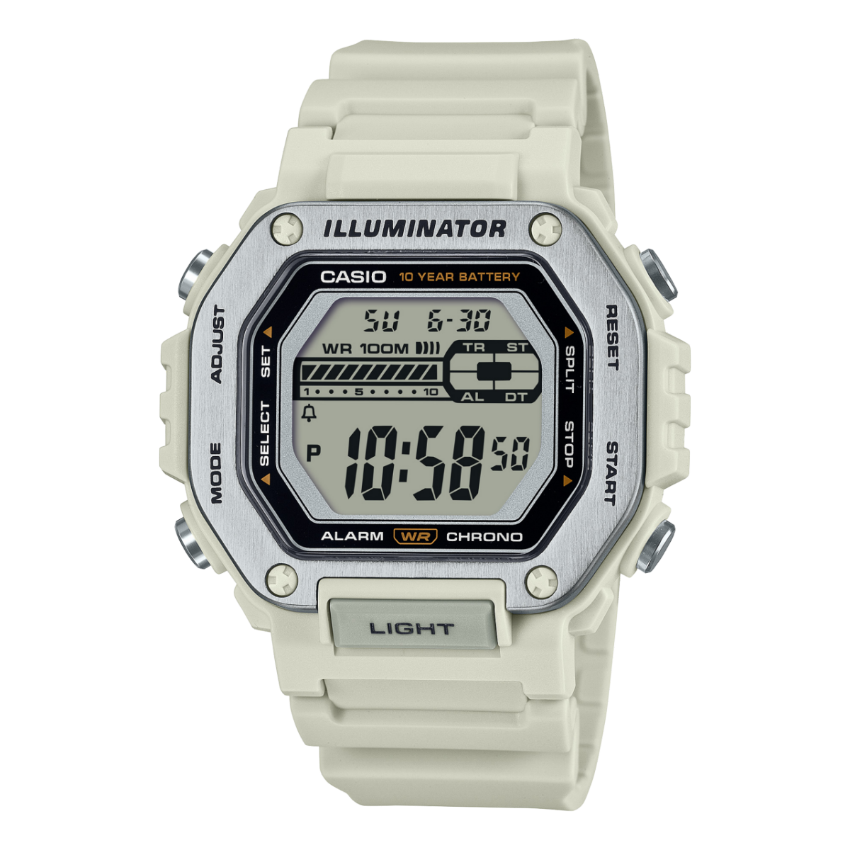 MWD-110H-8AV Montre-bracelet de CASIO avec bracelet beige et boîtier octogonal à affichage numérique