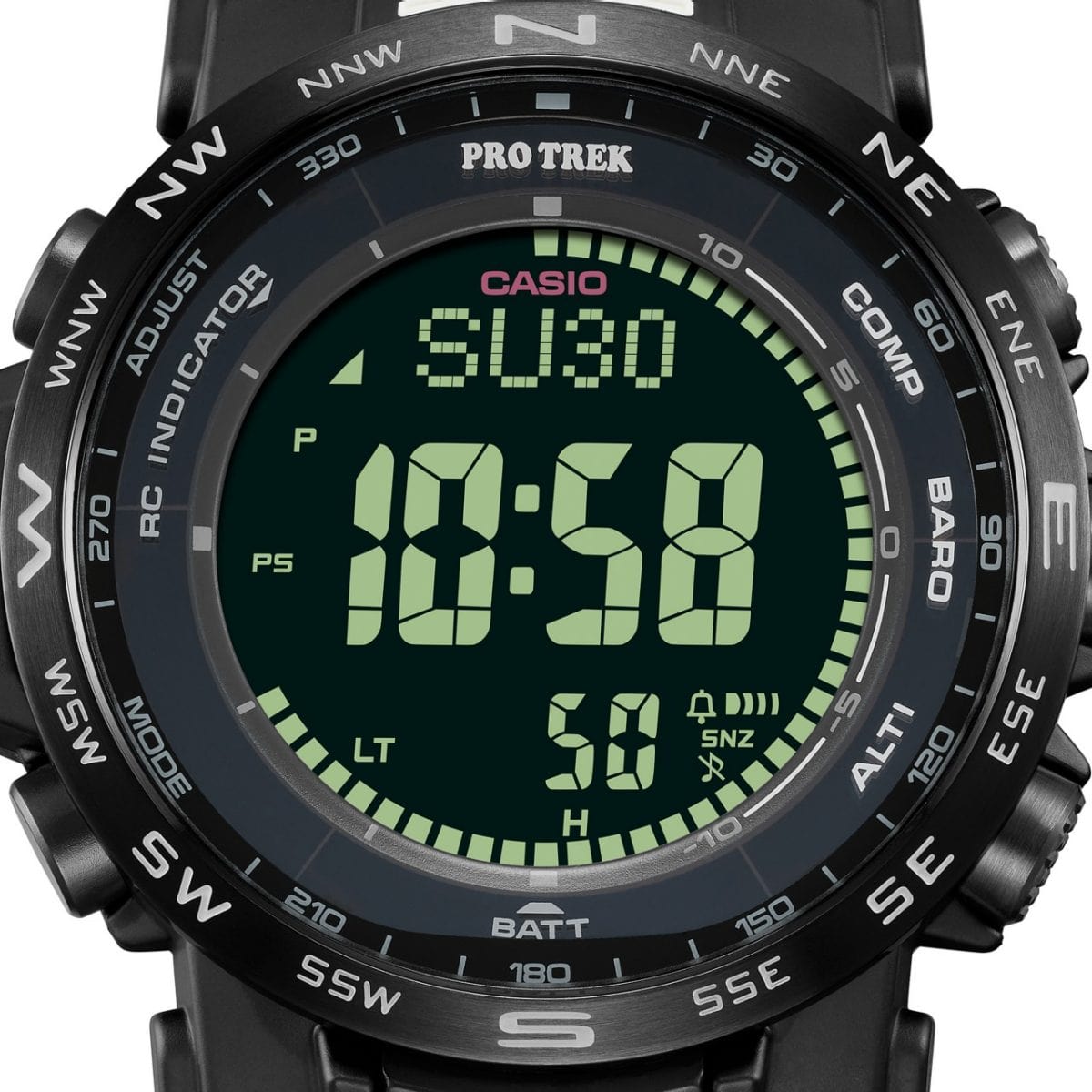 Gros plan sur le cadran de la montre CASIO PRW-35Y-1B avec son grand affichage clair de l'heure.