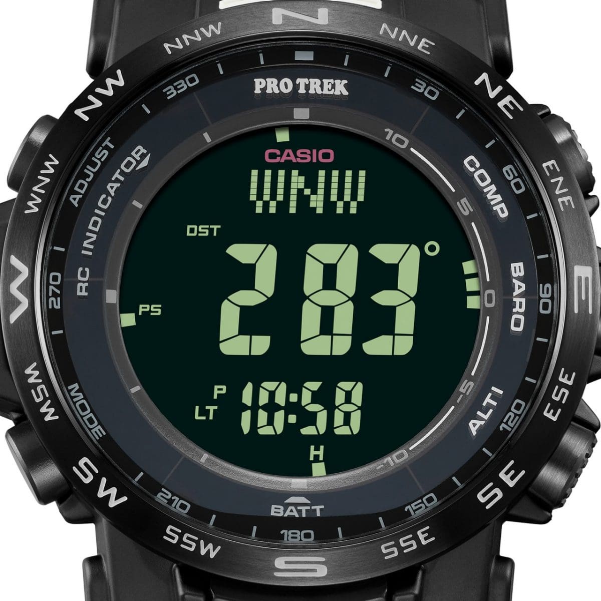 Close-Up de l'écran de la montre solaire PRW-35Y-1B avec affichage numérique de la boussole