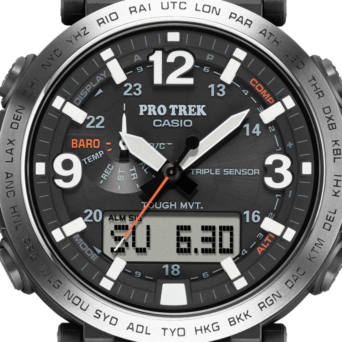 Close-Up de l'affichage de la montre Pro Trek de CASIO avec cadran noir, aiguilles blanches et détails rouges