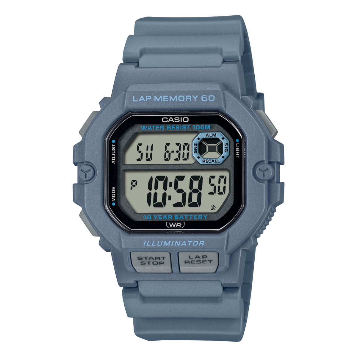 Montre digitale WS-1400H-2AV de la CASIO TIMELES COLLECTION avec boîtier robuste bleu clair et bracelet en résine bleu clair