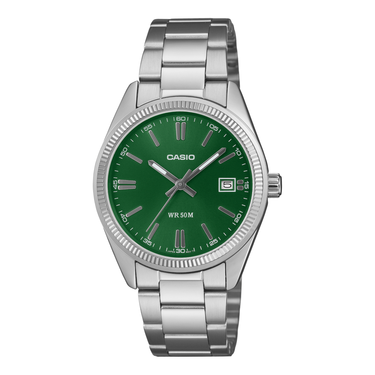 Vue de face de la montre-bracelet CASIO TIMELESS COLLECTION UTP-1302PD-3A1VEF argentée avec un cadran vert foncé