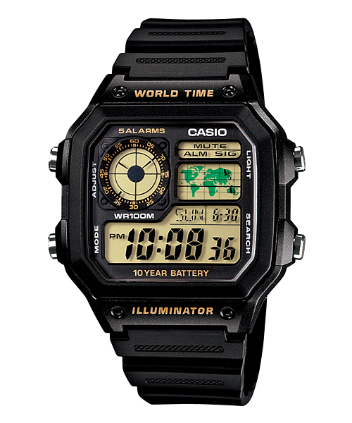 Casio AE-1200WH-1B Digital Stopwatch World Time Black Resin Mens