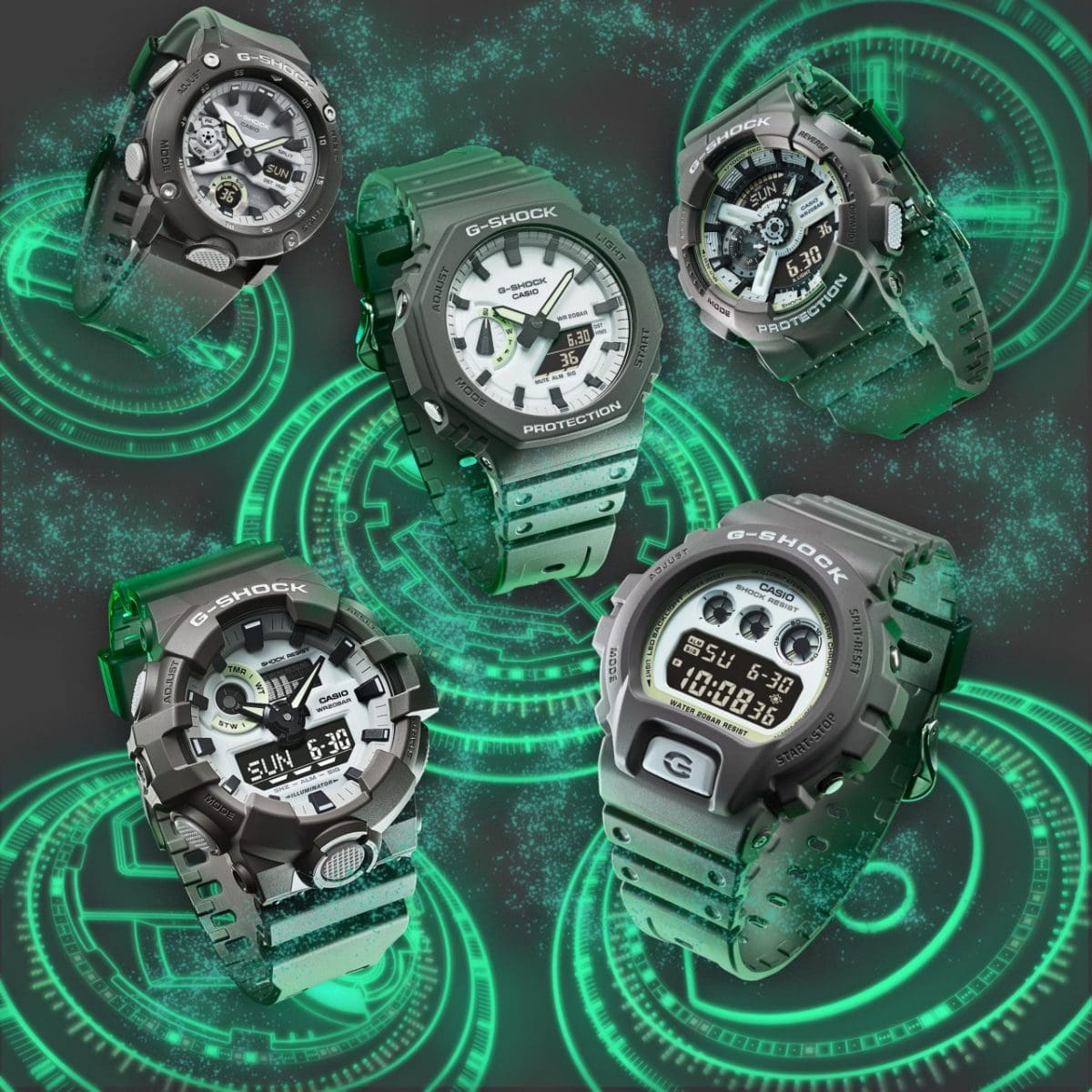 從右上順時針起：GA-110HD-8A、DW-6900HD-8、GA-700HD-8A、GA-2000HD-8A、GA-2100HD-8A #12