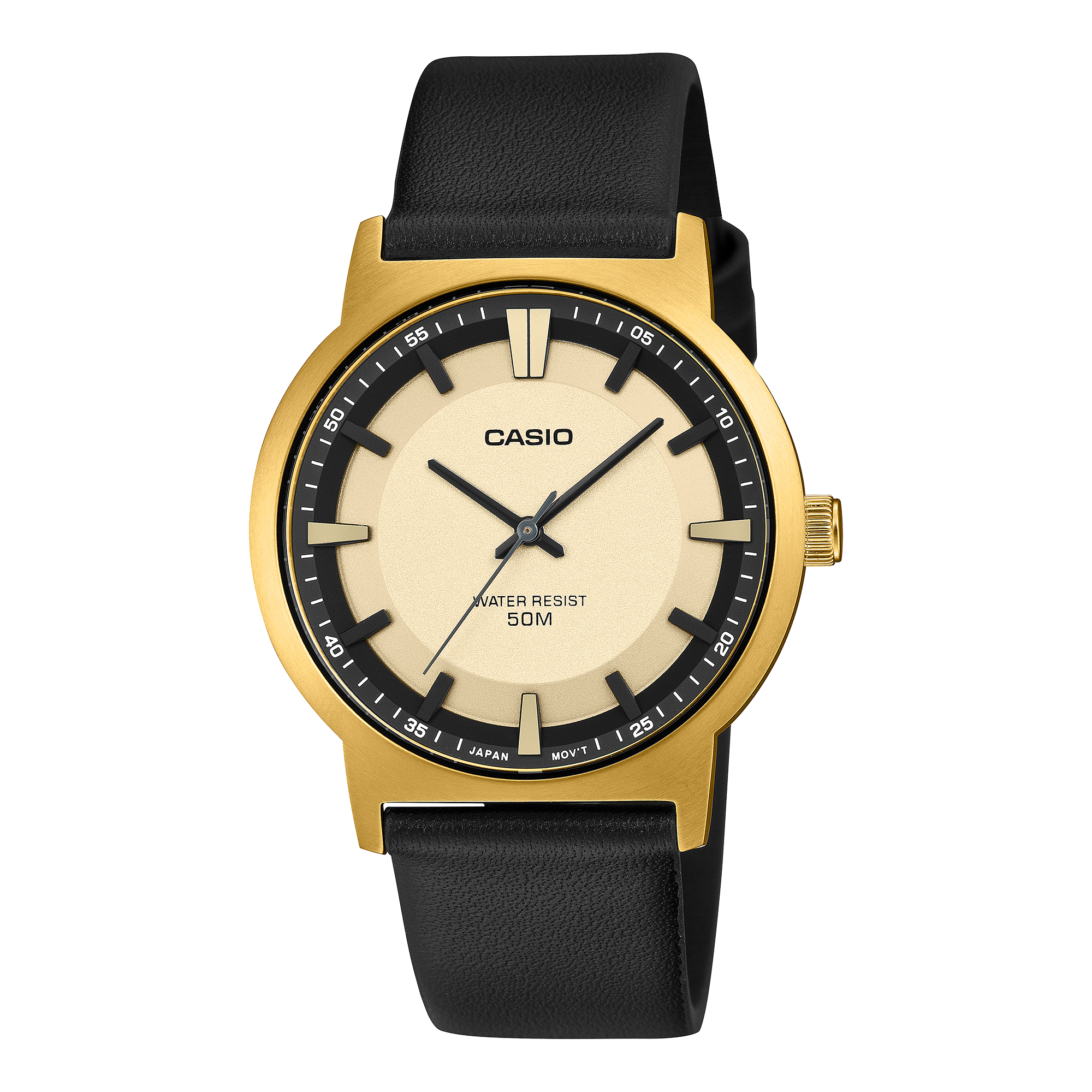 Casio MTP-B220GL-9AV related gold-tone watch variant with a champagne dial and black leather strap.