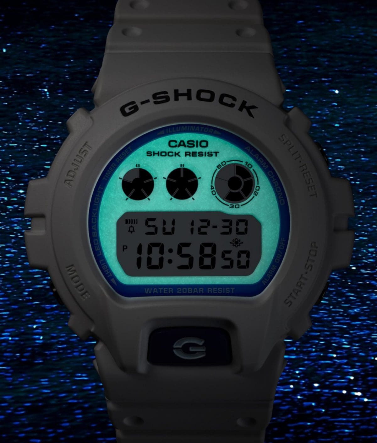DW-6900HDS-7A1 Muka jam bercahaya biru terinspirasi dari pendar plankton bioluminesensi * Gambar menampilkan DW-6900HDS-7.