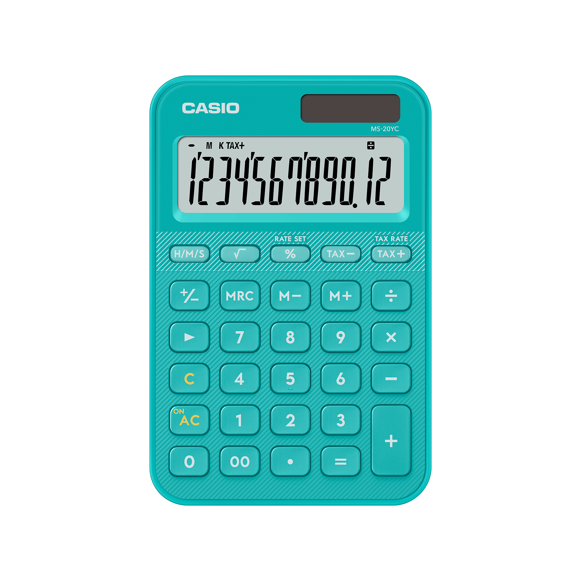Casio MS-20YC-TU 12-Digit Desk Calculator Turquoise Front View