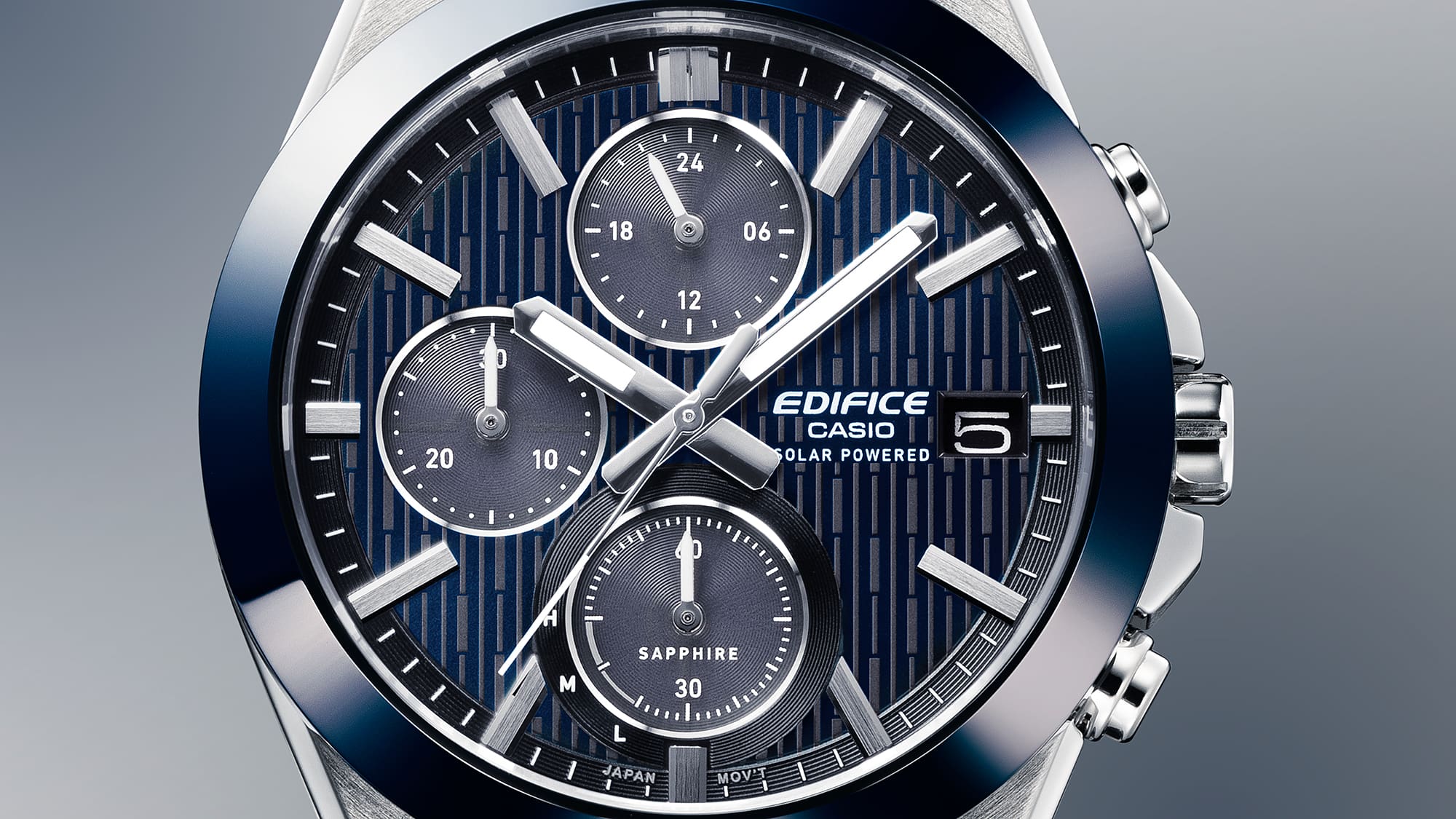 EFS-S650D-2A Multi-hand chronograph face complementing the bezel