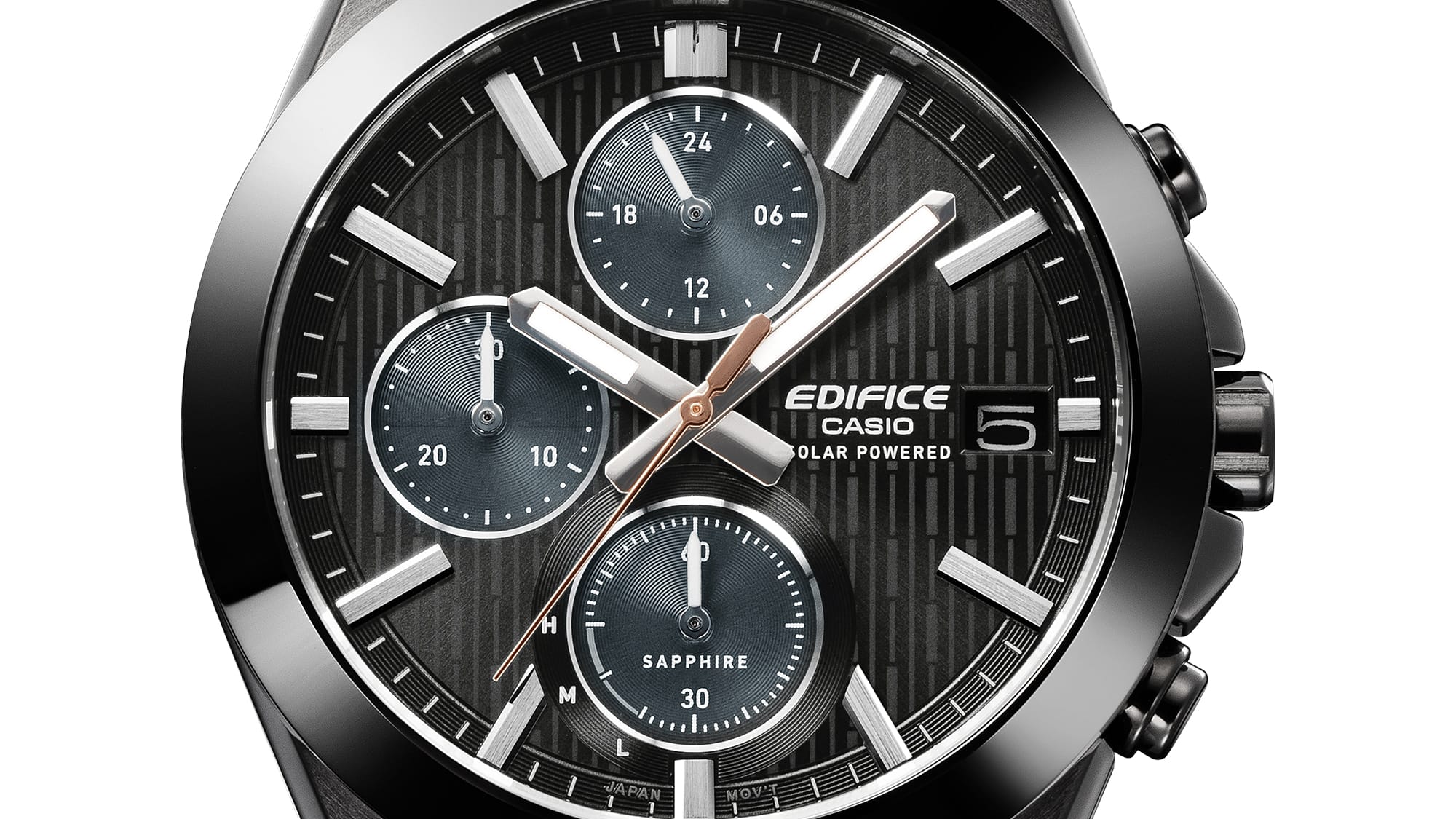 EFS-S650DC-1A Multi-hand chronograph face complementing the bezel
