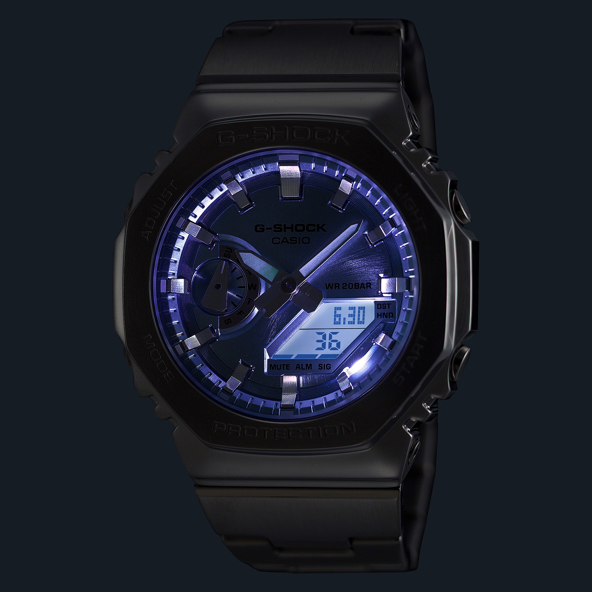 G-Shock Duel Time 200M WR Stopwatch, Alarm Light Blue Face, Stainless Steel Band - GM2110D-2A G-SHOCK 