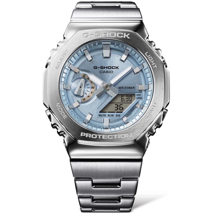 G-Shock Duel Time 200M WR Stopwatch, Alarm Light Blue Face, Stainless Steel Band - GM2110D-2A G-SHOCK 