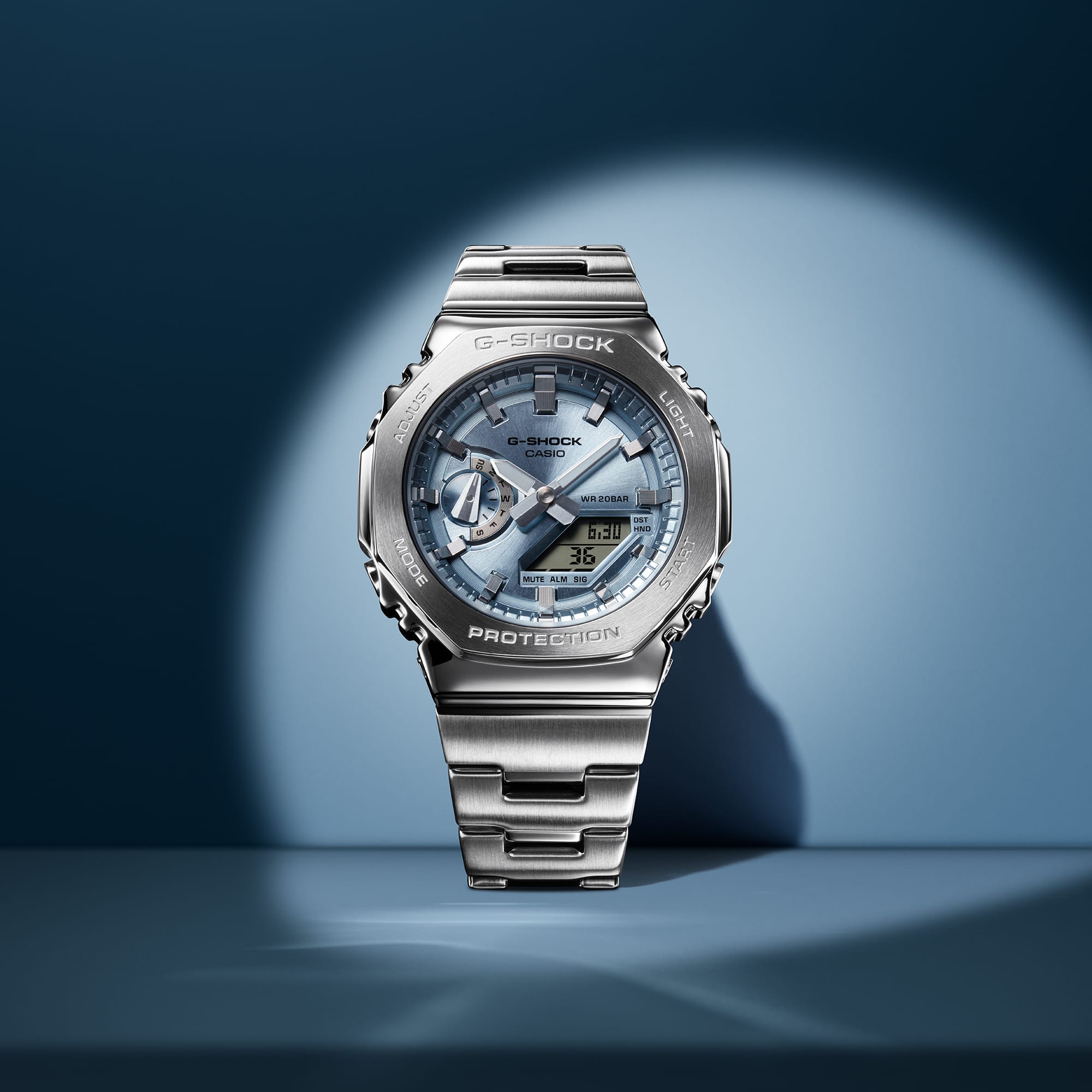 G-Shock Duel Time 200M WR Stopwatch, Alarm Light Blue Face, Stainless Steel Band - GM2110D-2A G-SHOCK 
