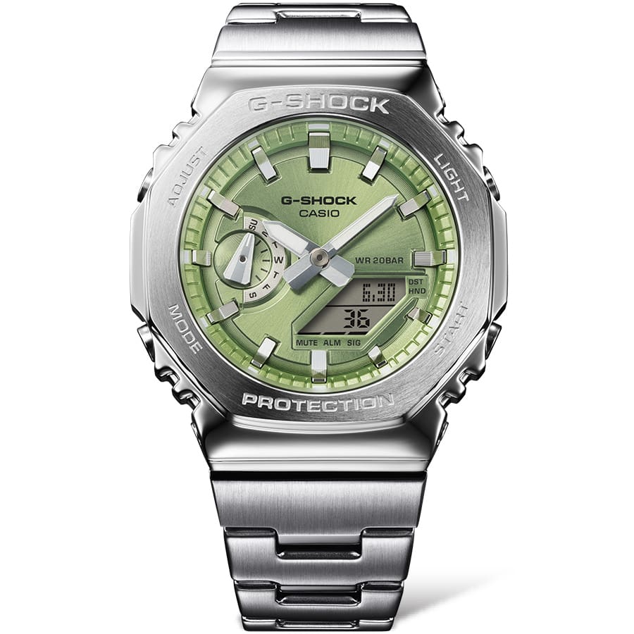 G-Shock Duel Time 200M WR Stopwatch, Alarm Green Face, Stainless Steel Band - GM2110D-3A G-SHOCK 