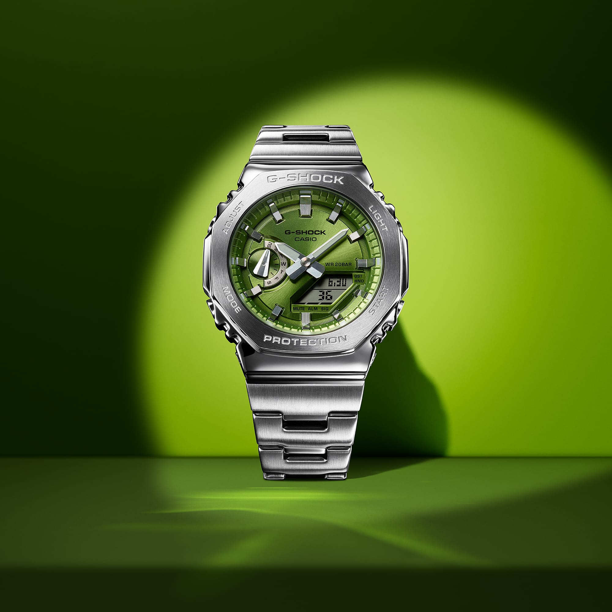 G-Shock Duel Time 200M WR Stopwatch, Alarm Green Face, Stainless Steel Band - GM2110D-3A G-SHOCK 