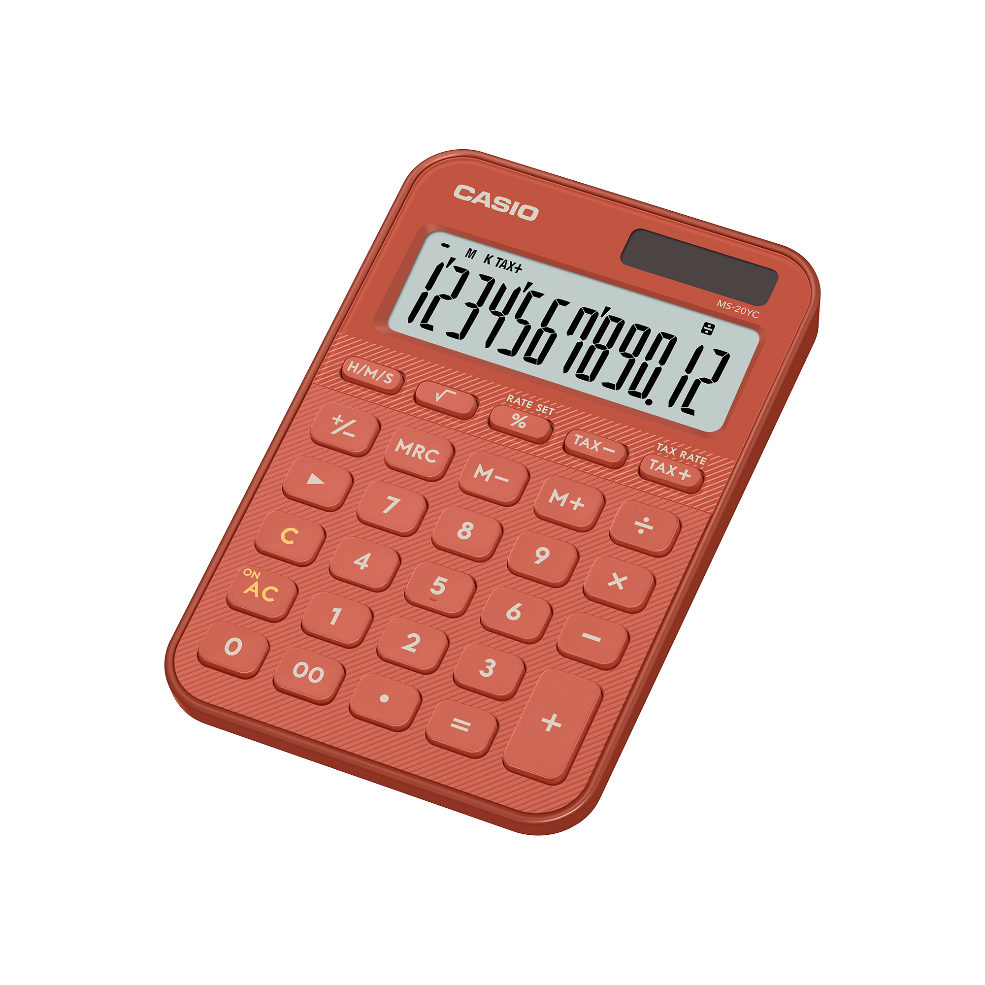 Casio MS-20YC-RD Brick Red Calculator Angled View