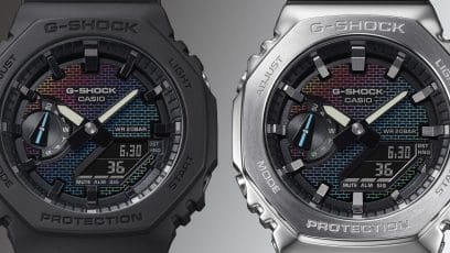 GA-2100RW-1A The dial’s iridescent brick pattern is achieved with a combination of silver vapor deposition, laser etching, and rainbow-colored printing. 