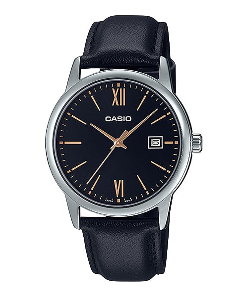 Black dial Casio MTP V002L leather strap watch