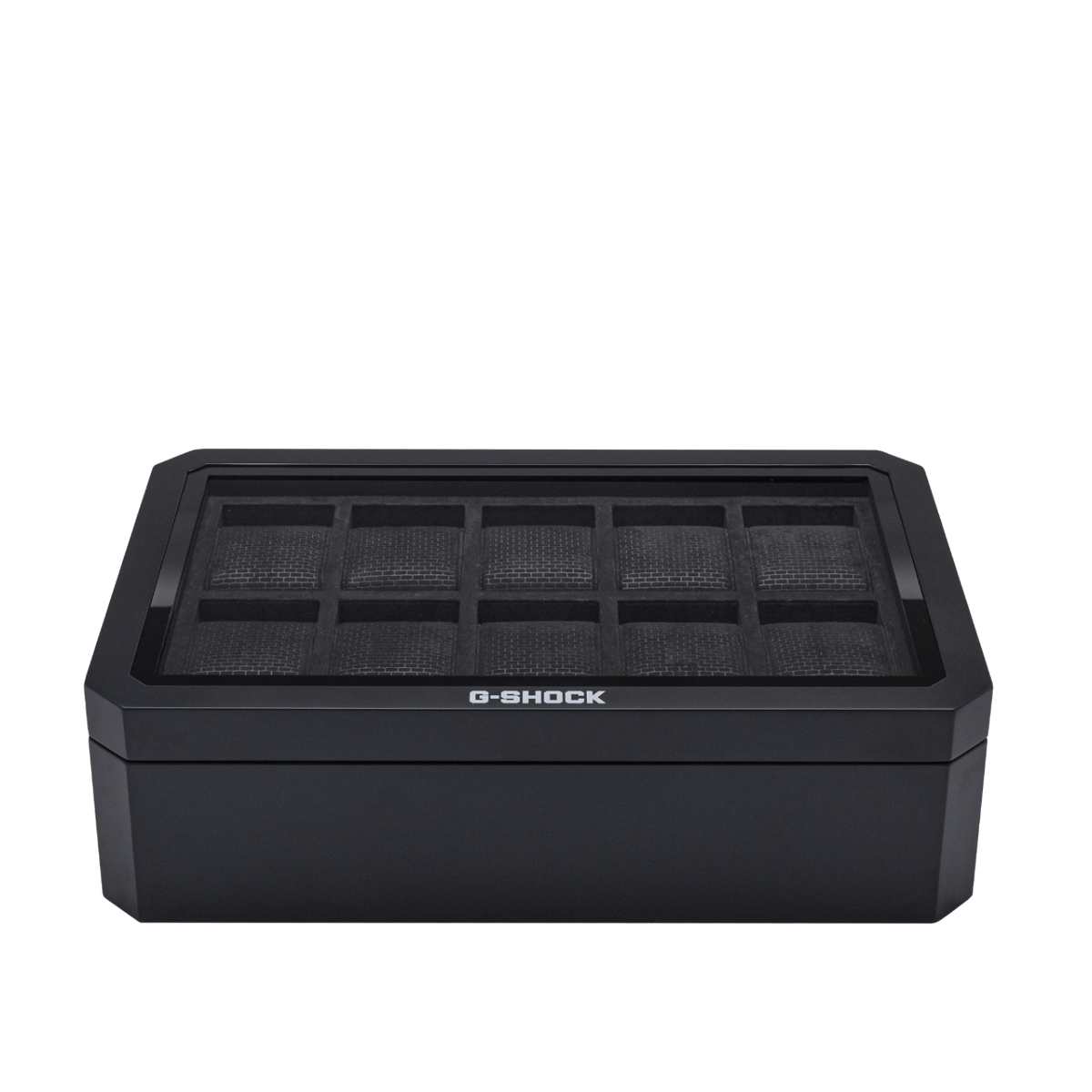Vista frontale della scatola dell'orologio chiusa. Il logo G-SHOCK è visibile sul bordo inferiore del coperchio.