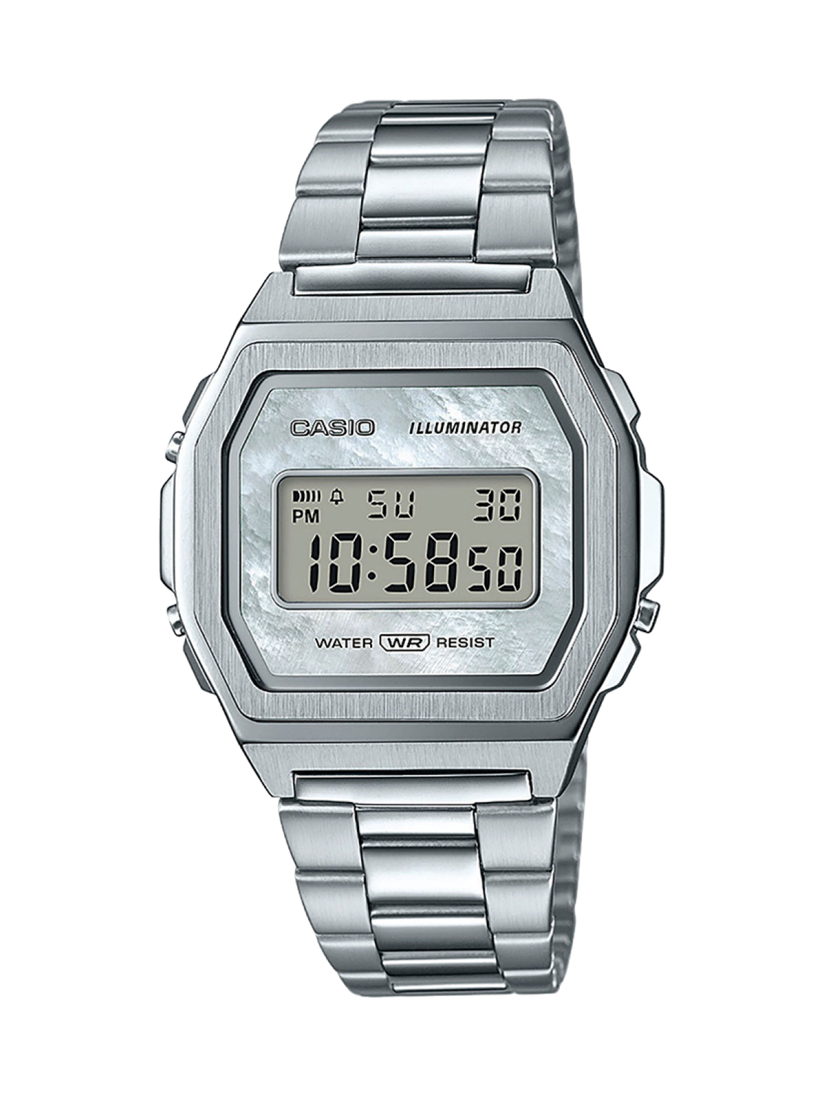 Orologio digitale argento A1000D-7 con cassa rettangolare e bracciale in acciaio inossidabile con chiusura pieghevole. Il display illuminato mostra ora, data e giorno della settimana