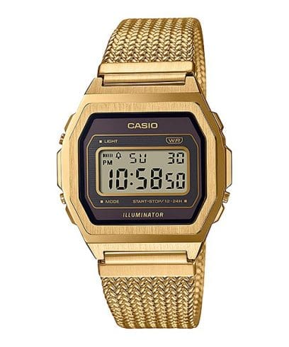 L'orologio da polso A1000MGA-5 di Casio con cinturino in maglia color oro