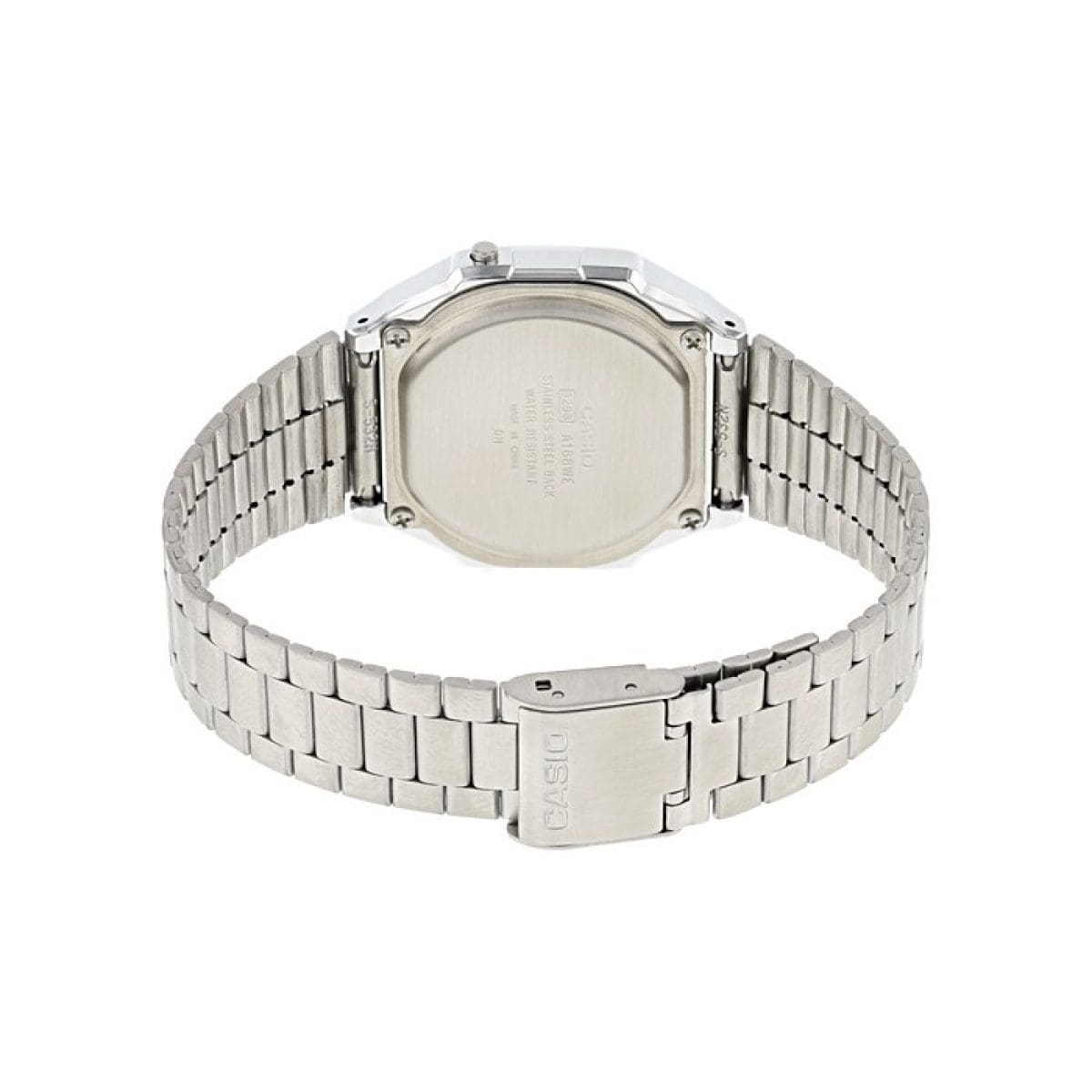 Orologio da polso A168WEM-2 in argento con bracciale in metallo, chiusura pieghevole e fondello inciso, vista posteriore