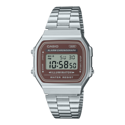L'orologio digitale rettangolare A168WA-5AY della CASIO Vintage Collection con quadrante marrone e bracciale a maglie color argento