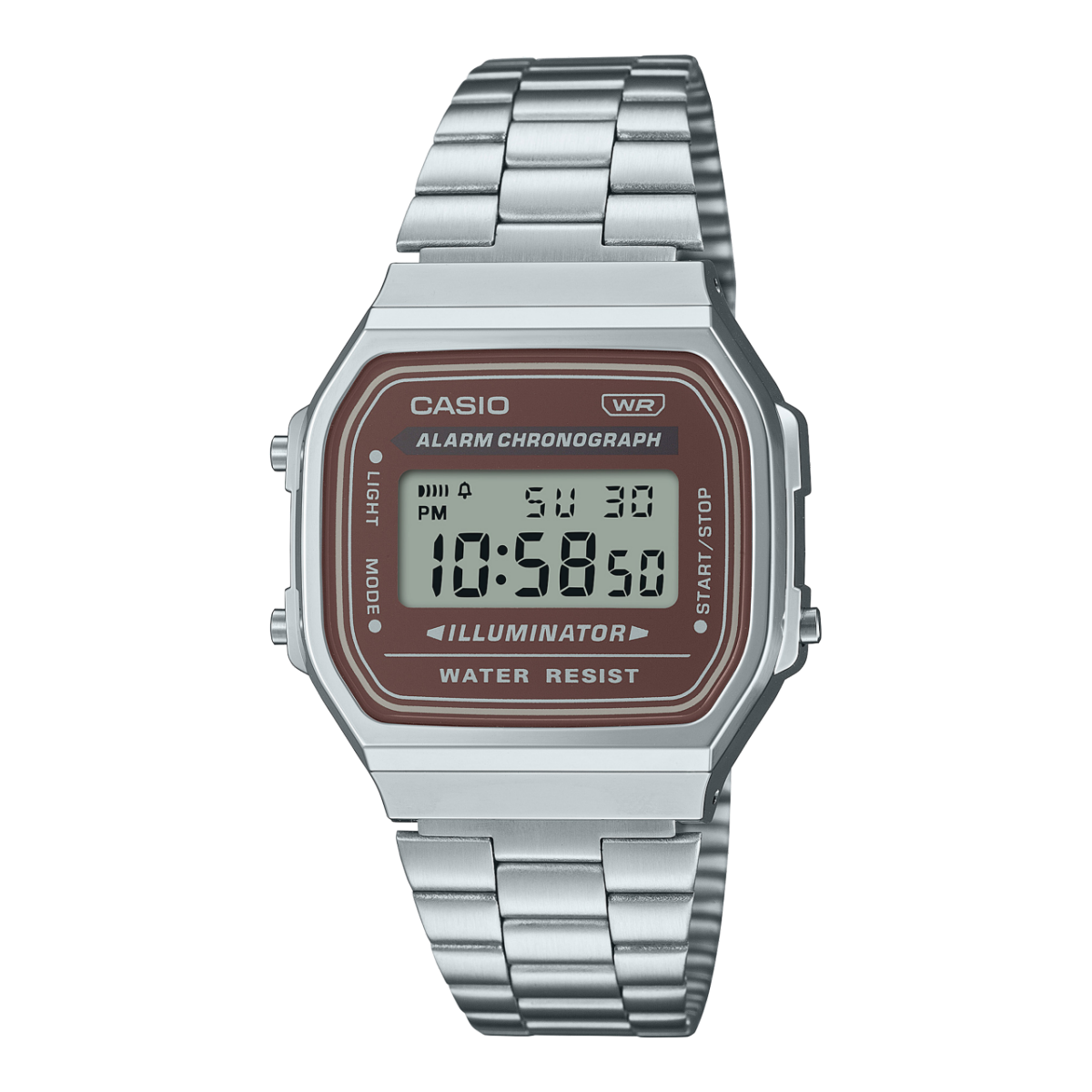 L'orologio digitale rettangolare A168WA-5AY della CASIO Vintage Collection con quadrante marrone e bracciale a maglie color argento