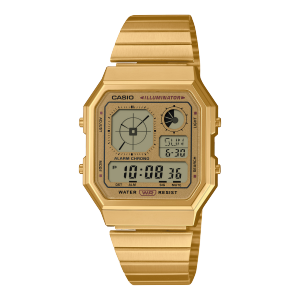Vista frontale dell'A130WEG-9AEF con display, cassa e bracciale dorati.