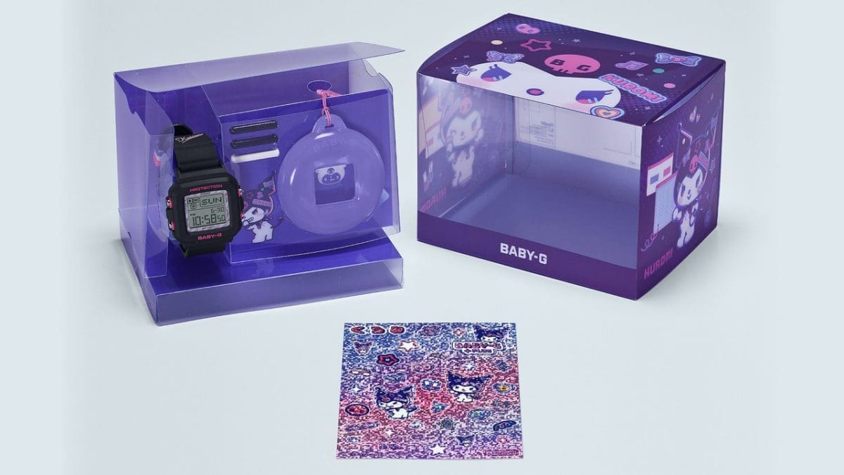 Confezione in plastica trasparente viola contenente l'orologio da polso BABY-G nero “BGD-10KMM-1” e la cassa viola.