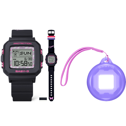 L'orologio da polso BABY-G con display digitale, la versione dispiegata dell'orologio digitale in nero con dettagli rosa e la vetrina in viola affiancati.