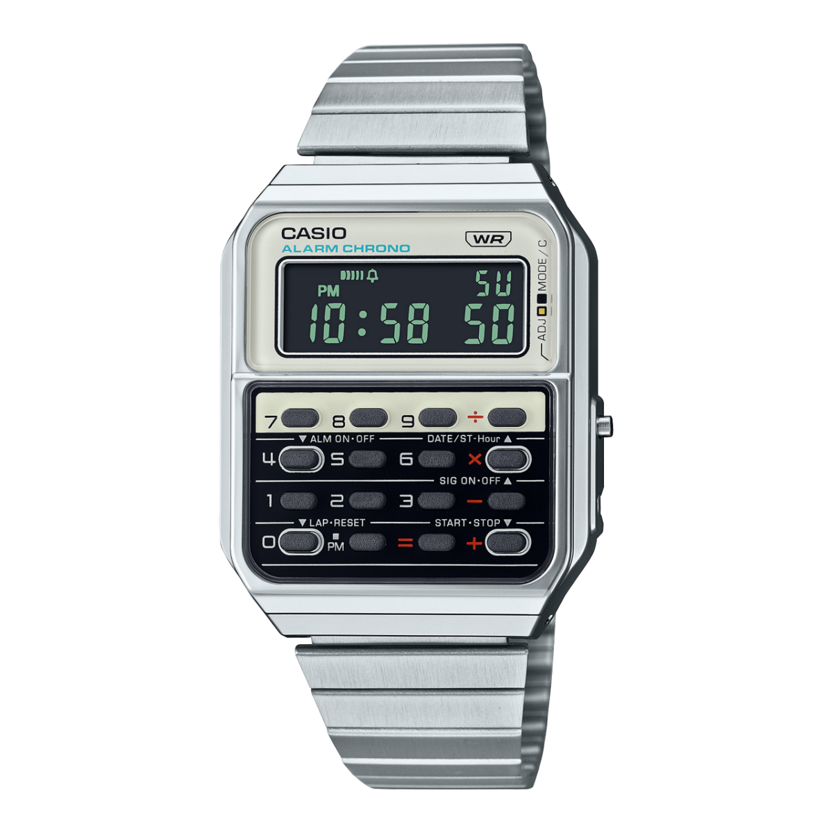 L'orologio digitale CA-500WE-7B della CASIO Edgy Collection con un sorprendente design da calcolatrice tascabile, cinturino in acciaio inossidabile color argento e display bianco.