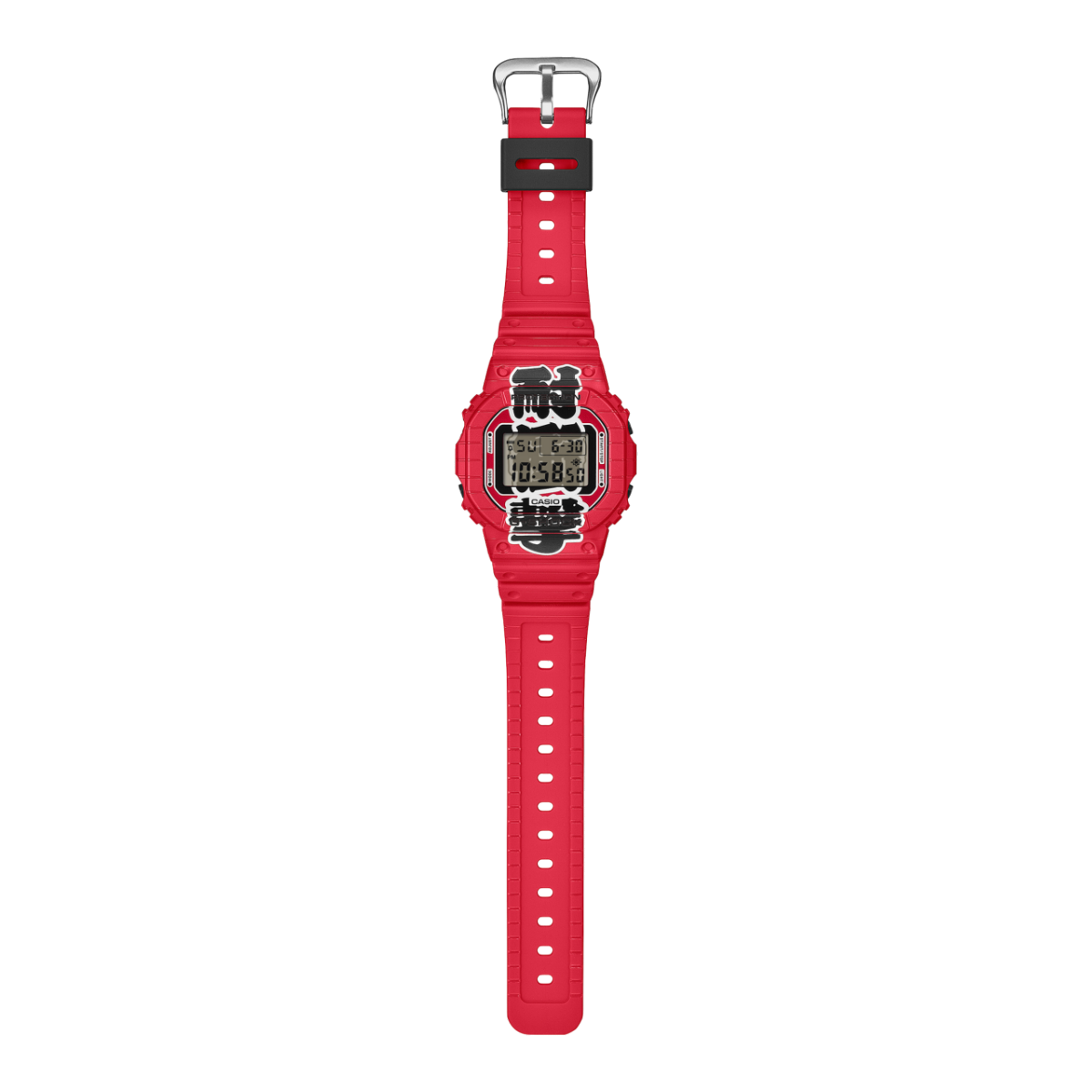 Vista d'insieme dell'orologio da polso rosso DW-5600AKA-4ER con supporto per cinturino nero e fibbia argentata