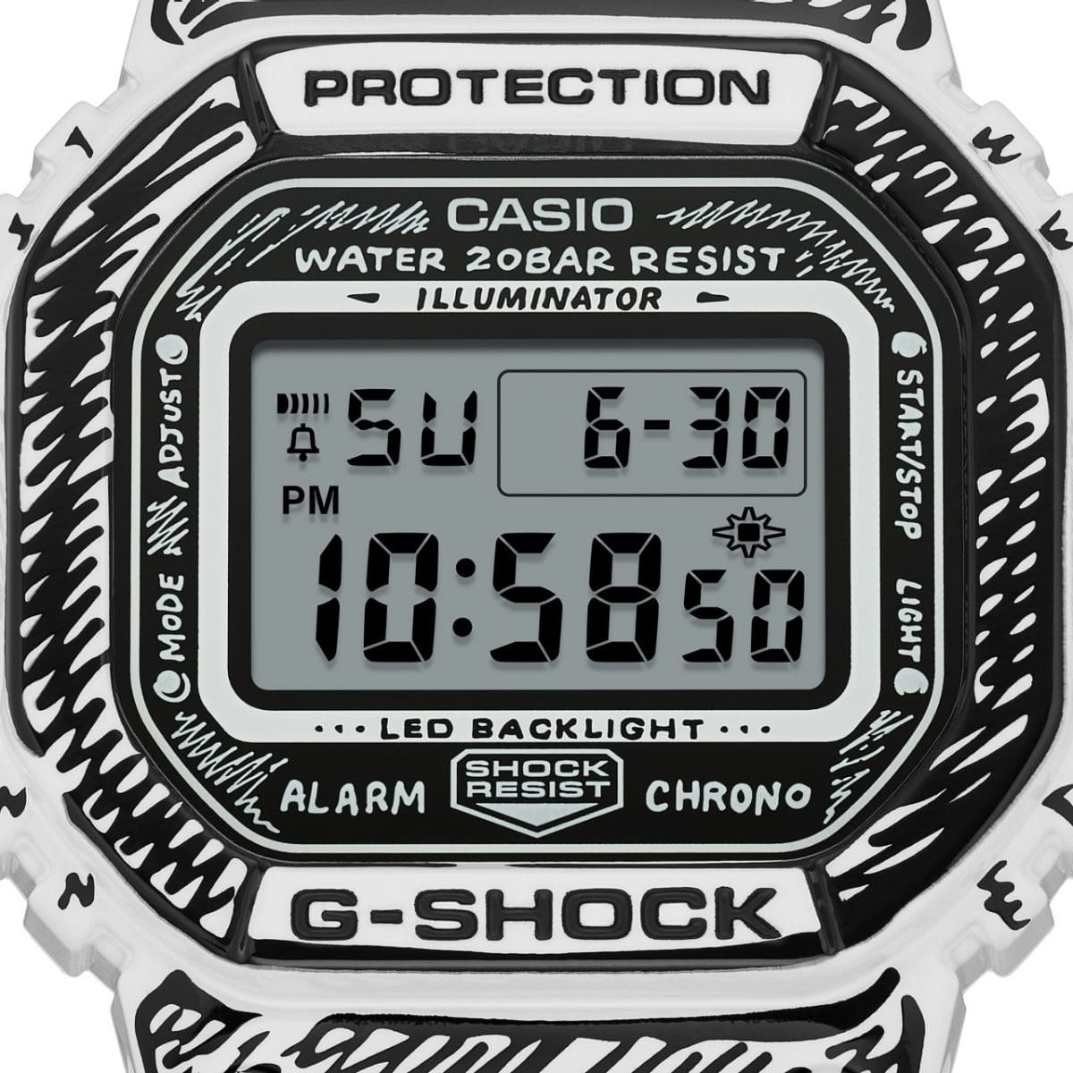 Primo piano del display digitale dell'orologio da polso G-SHOCK DW-5600JV-7 con indicazione di data e ora.