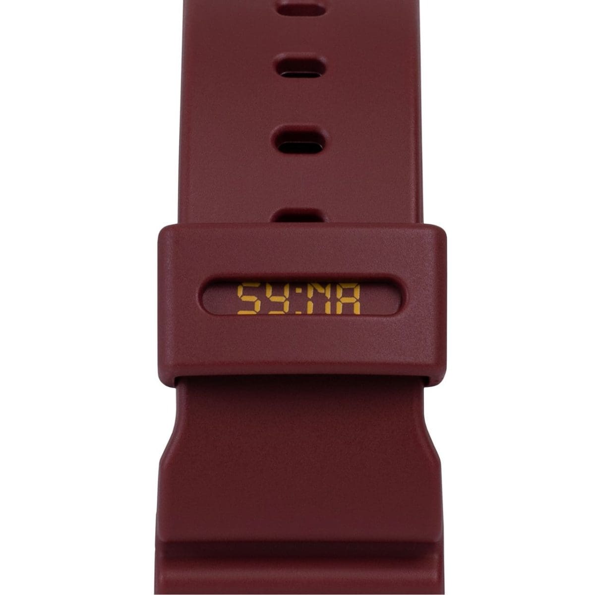 Il braccialetto rosso scuro presenta la scritta arancione SY:NA