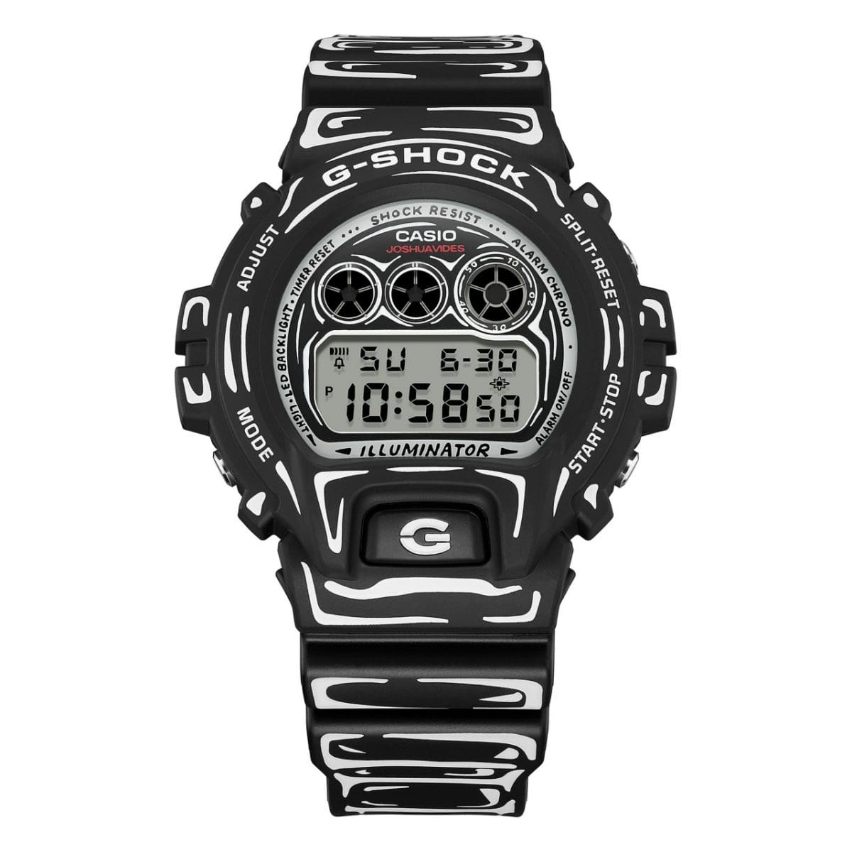 Vista frontale dell'orologio digitale G-SHOCK DW-6900JV-1ER nero con linee bianche in stile fumetto sulla cassa e sul cinturino.