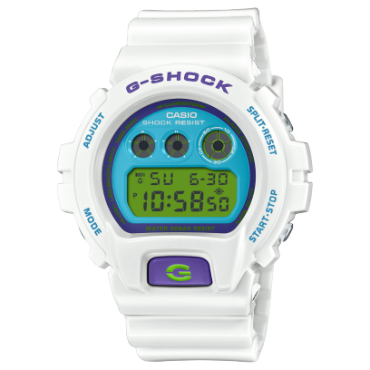 L'orologio digitale G-SHOCK DW-6900RCS-7 con display blu brillante e cinturino in resina bianca radiosa nel design rétro degli anni 2000
