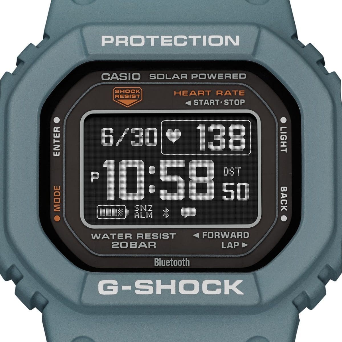 Primo piano del display digitale dell'orologio sportivo DW-H5600-2, che mostra tra l'altro l'ora, il cardiofrequenzimetro e il livello della batteria