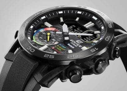 Vista laterale dell'orologio da polso ECB-40MP con dettagli colorati nella lunetta