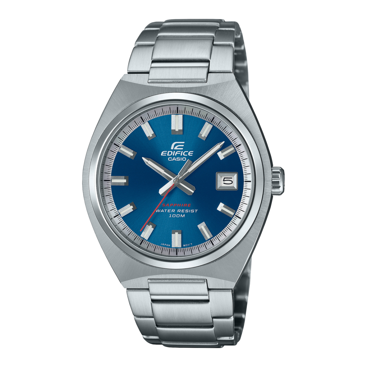 Vista frontale dell'EFB-109D-2AVEF con quadrante blu e cassa e bracciale argentati.