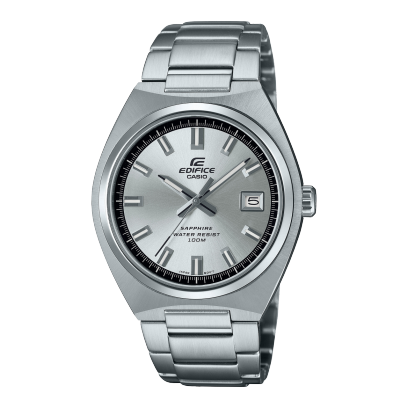 Vista frontale dell'EFB-109D-7AVEF con quadrante argentato e cassa e bracciale argentati.