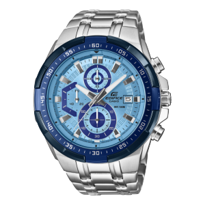 Vista frontale dell'EFR-539DE-2AVUEF argentato con quadrante e lunetta in diverse tonalità di blu